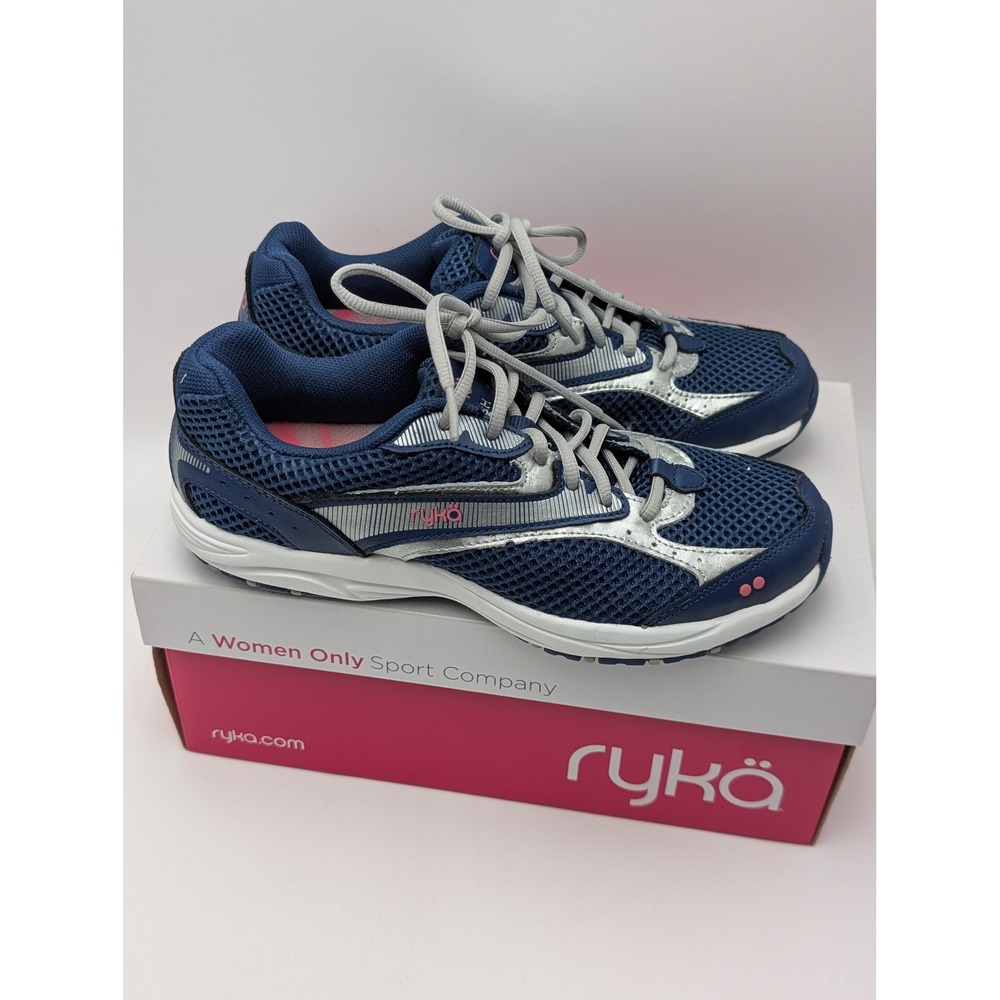 Ryka Walking‎ Shoes Womens 8M Navy Dash Athletic Sneakers Mesh Leather Silver